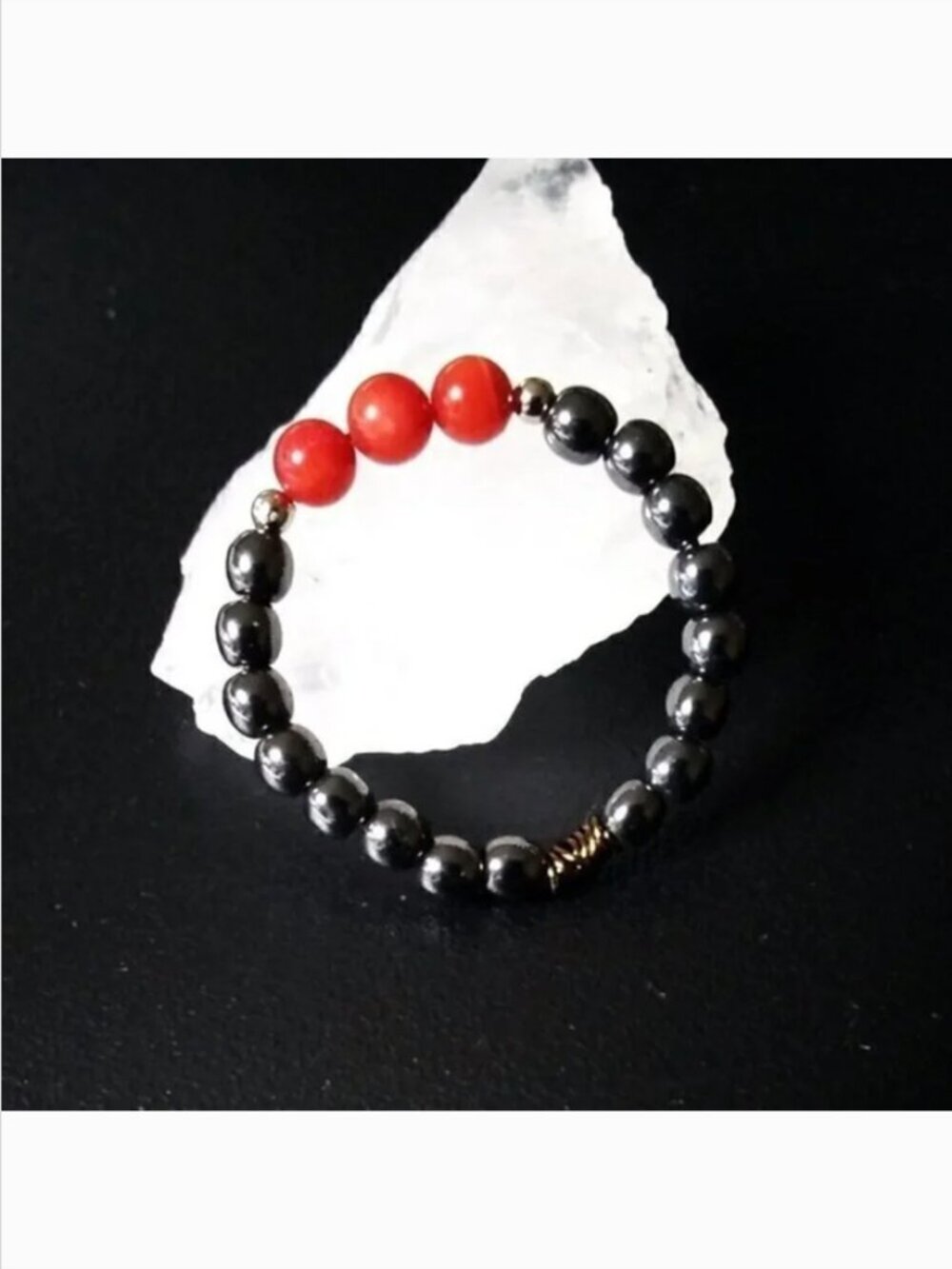 Dark Academia Hematite & Red Coral Gemstone Ring ~ Gothic Boho Midi Stacker